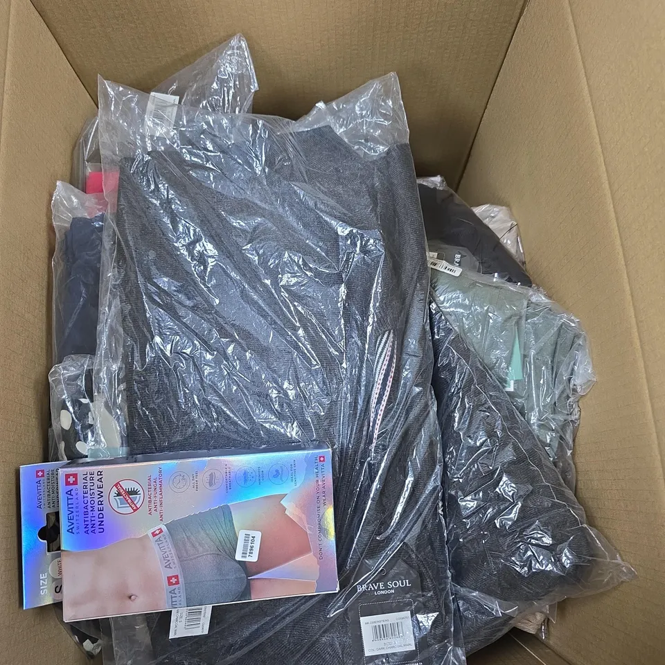 BOX OF APPROXIMATELY 15 ASSORTED CLOTHING ITEMS IN VARIUS COLOURS, SIZES AND STYLES