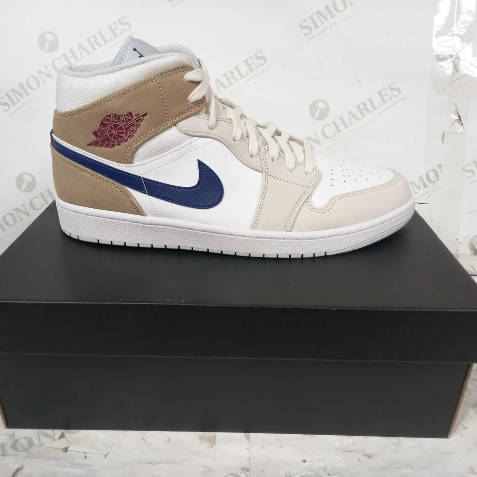 BOXED PAIR OF NIKE AIR JORDAN SHOES IN WHITE/TAN/BLUE UK SIZE 11.5