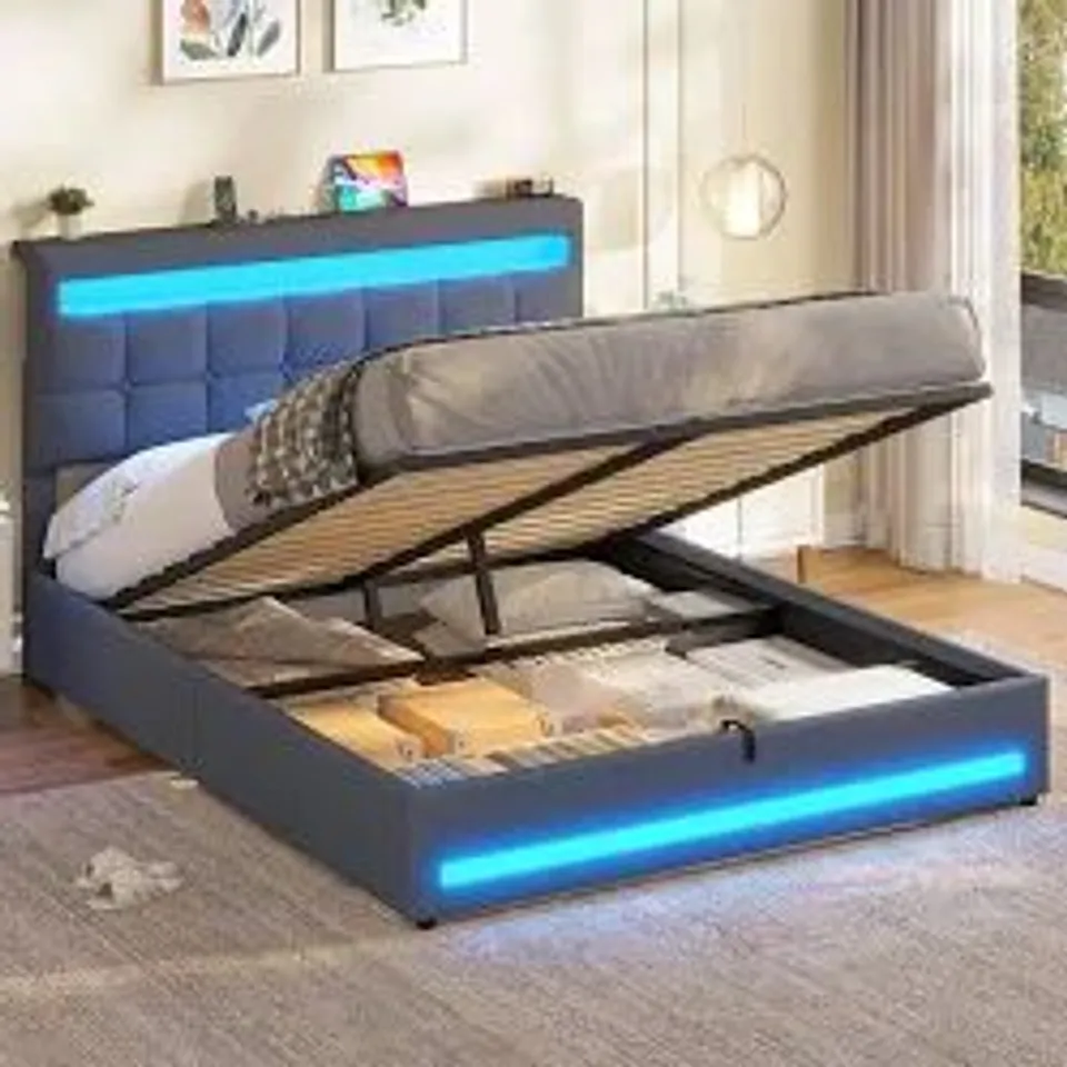 BOXED OTTOMAN BED FRAME WITH CHARGING STATIONS & LED LIGHTS, UPHOLSTERED (SIZE UNSPECIFIED, 2 BOXES)
