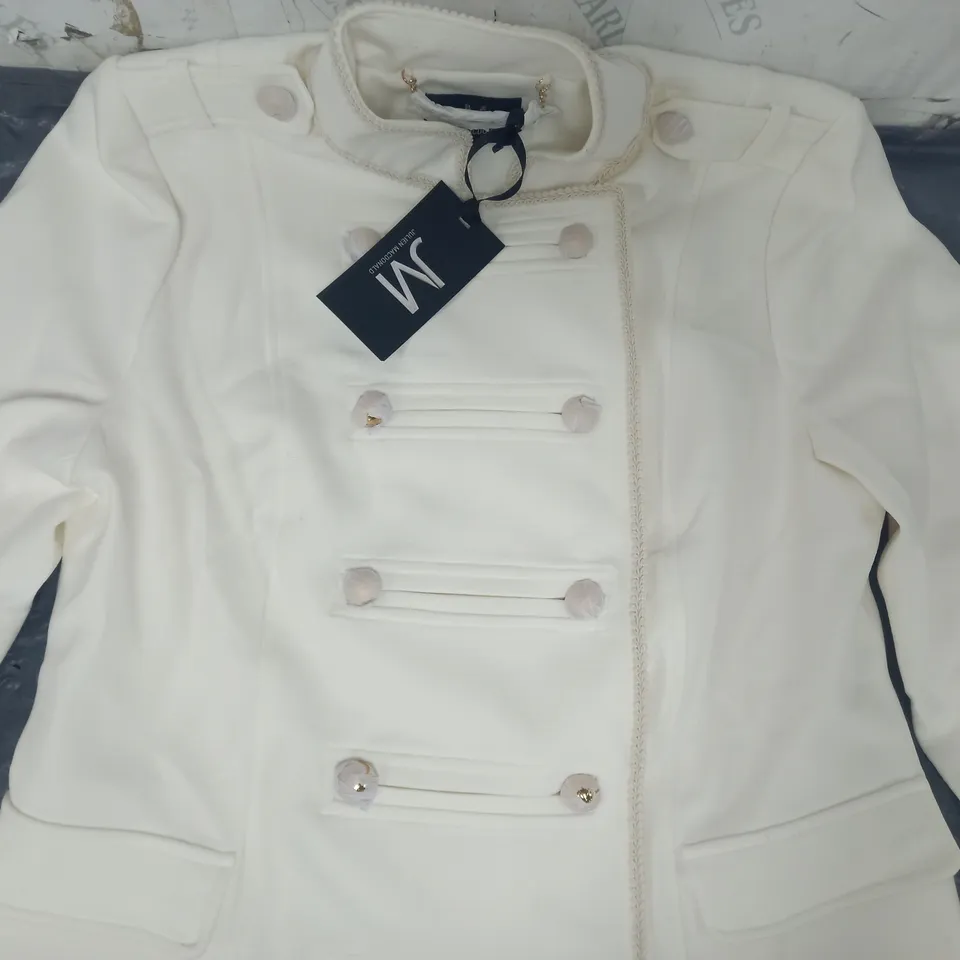 JM FASHION BY JULIEN MACDONALD MIDI LENGTH DRUMMER COAT IN WHITE SIZE 16
