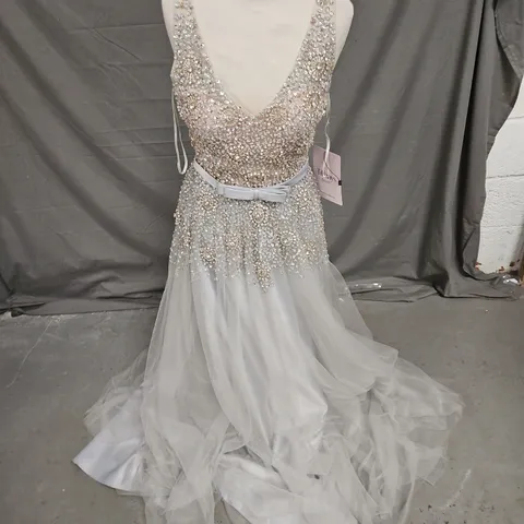 TIFFANY'S DIANNE BEADED TULLE PROM DRESS IN SILVER SIZE 10