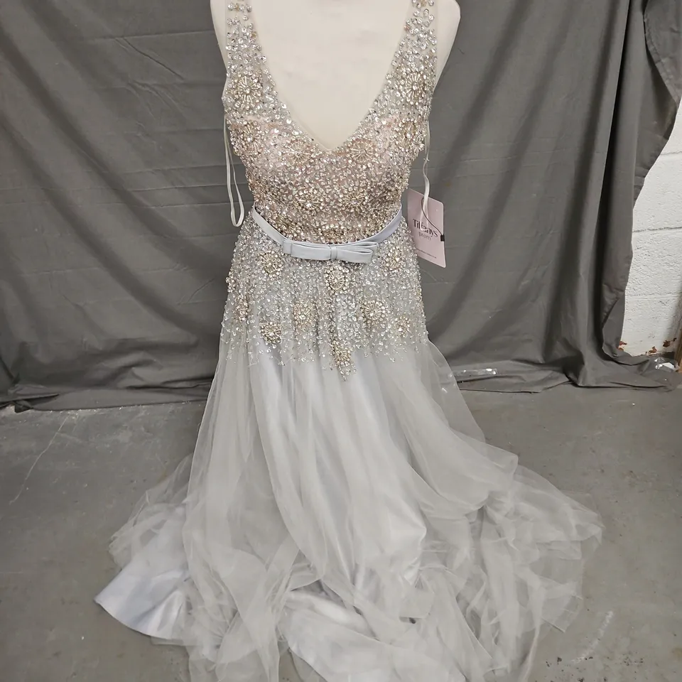 TIFFANY'S DIANNE BEADED TULLE PROM DRESS IN SILVER SIZE 10
