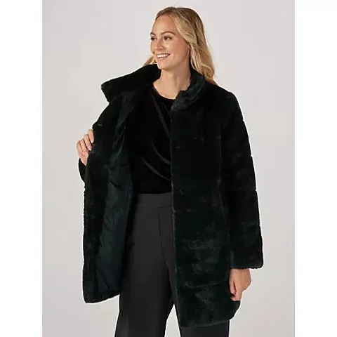 CENTIGRADE LONG LINE FAUX FUR COAT IN FOREST GREEN SIZE SMALL