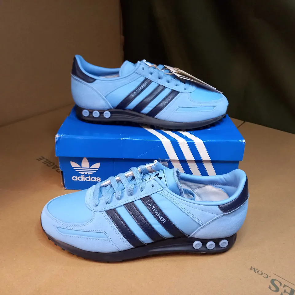 BOXED PAIR OF ADIDAS POWDER BLUE TRAINERS SIZE 9.5