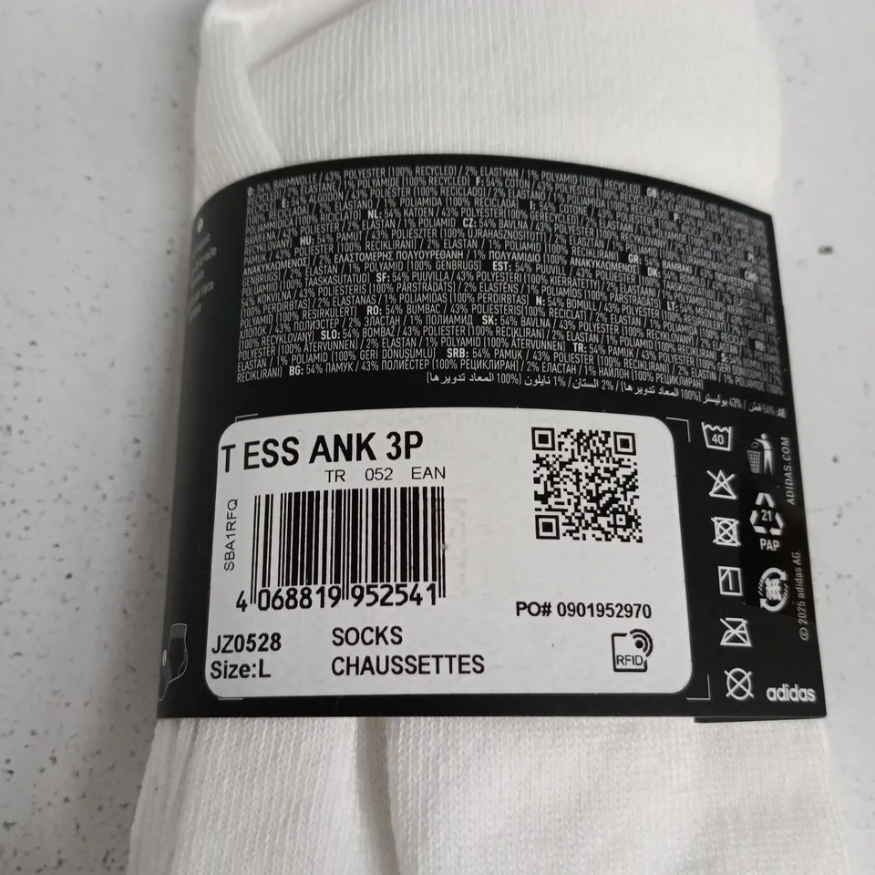 ADIDAS WHITE ANKLE SOCKS 3-PACK – SIZE L