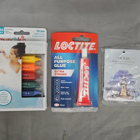 APPROXIMATELY 10 ASSORTED HOUSEHOLD ITEMS TO INCLUDE ALL PURPOSE GLUE, BATH CRAYONS, ETC