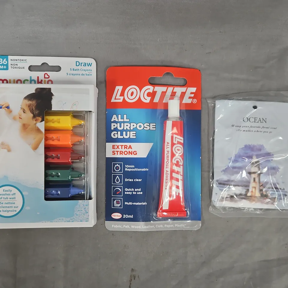 APPROXIMATELY 10 ASSORTED HOUSEHOLD ITEMS TO INCLUDE ALL PURPOSE GLUE, BATH CRAYONS, ETC