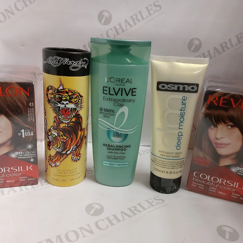 BOX OF APPROX 10 COSMETIC ITEMS TO INCLUDE OSMO DEEP MOISTURE REPAIR MASK, L`OREAL ELVIVE CLAY REBALANCE SHAMPOO, REVLON COLOURSILK