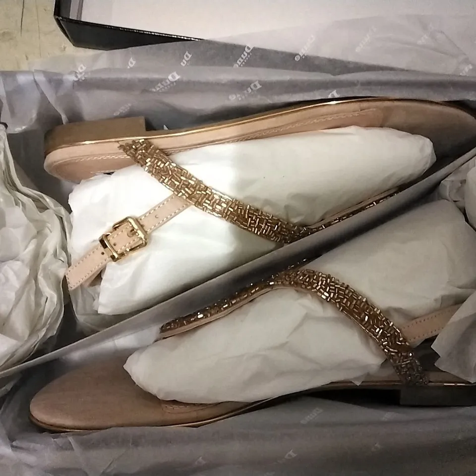 3 SHOE BOXES CONTAINING 2 × DUNE LONGLEY NUDE SYNTHETIC BRAIDED LOOP SANDALS SIZE 5, DUNE BLACK LIMBA SANDALS SIZE 4  