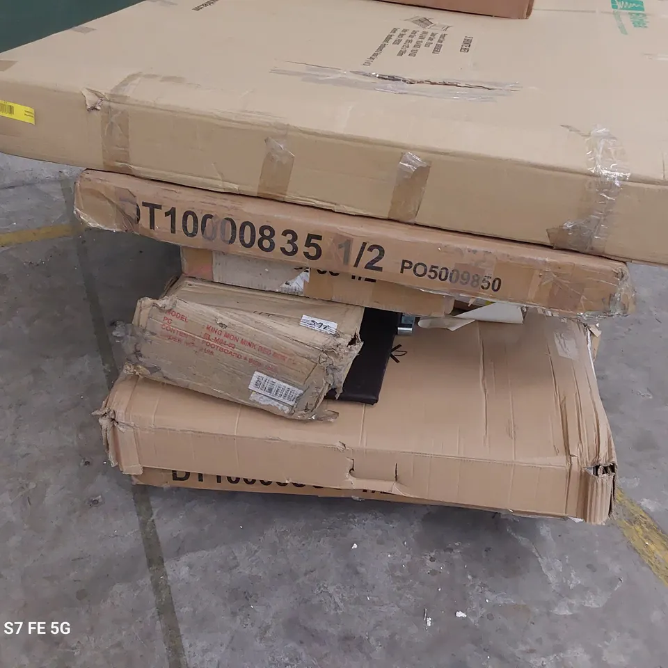 PALLET OF ASSORTED BOXED FURNITURE PARTS INCLUDING BEDS, DINING TABLE, CHESRS
