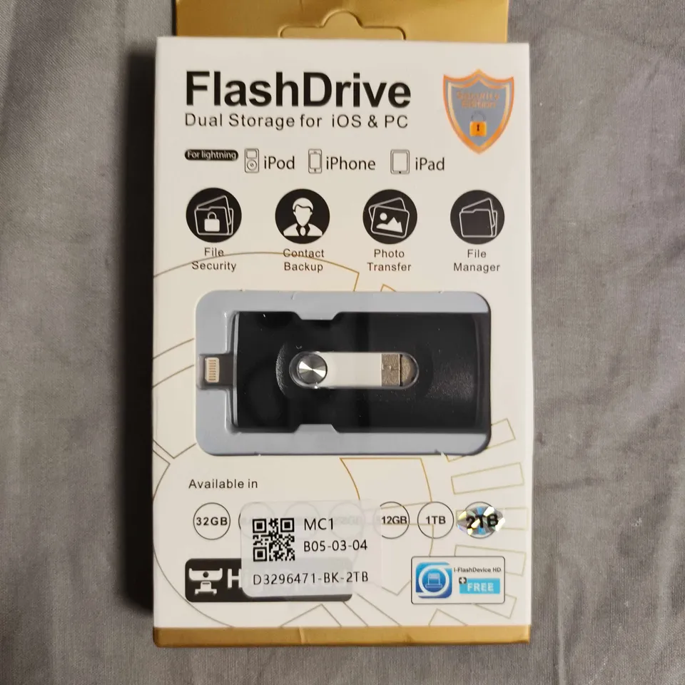 FLASHDRIVE DUAL STORAGE FOR IOS & PC USB/LIGHTNING IN BLACK - 2TB (BOXED)