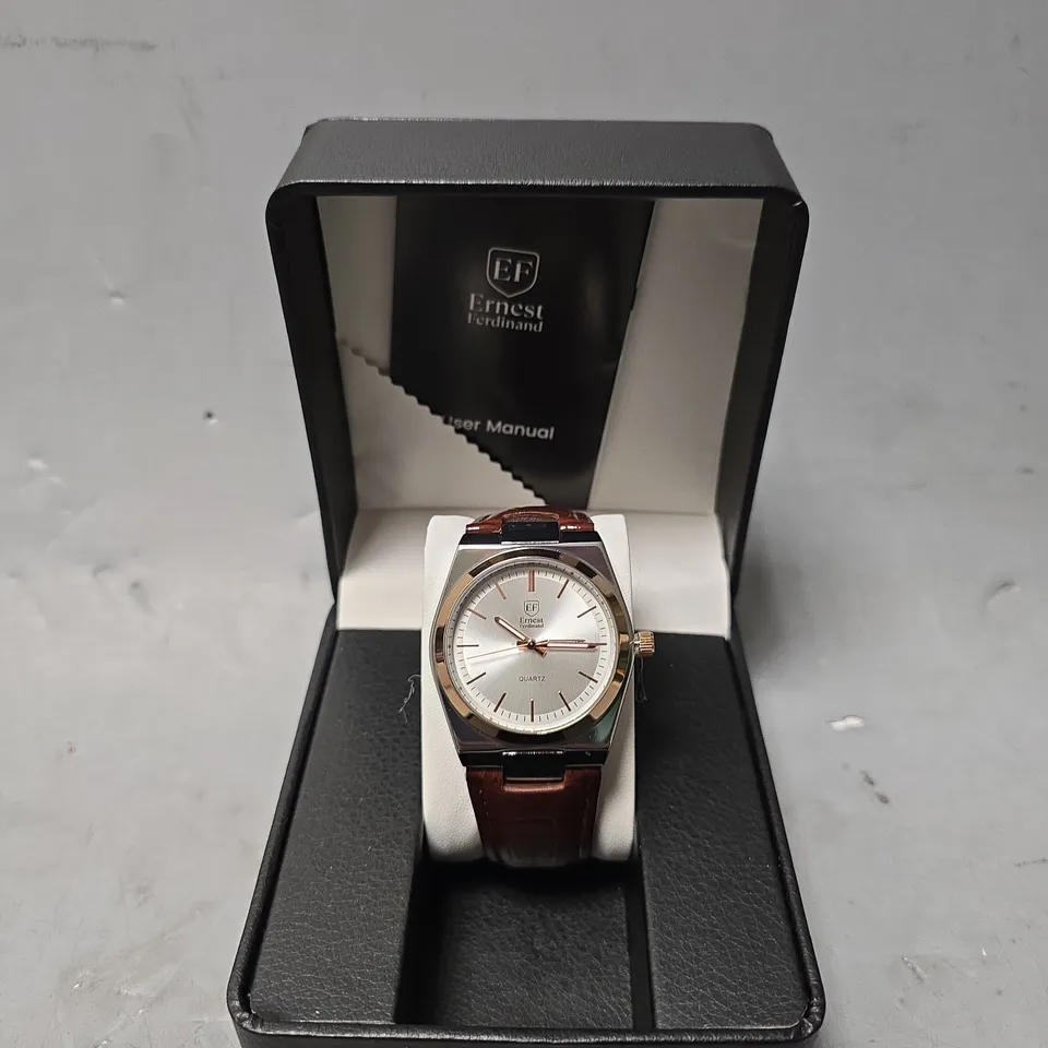 ERNEST FERDINAND WATCH – DAY DATE CALENDAR DIAL – LEATHER STRAP – 3ATM WATER RESISTANT - GIFT BOX