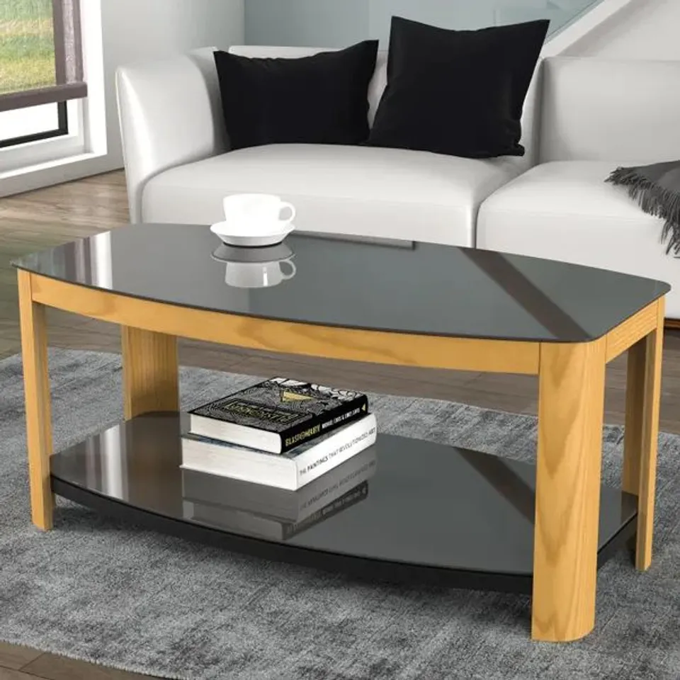 BOXED AFFINITY COFFEE TABLE - OAK/BLACK GLASS (1 BOX)