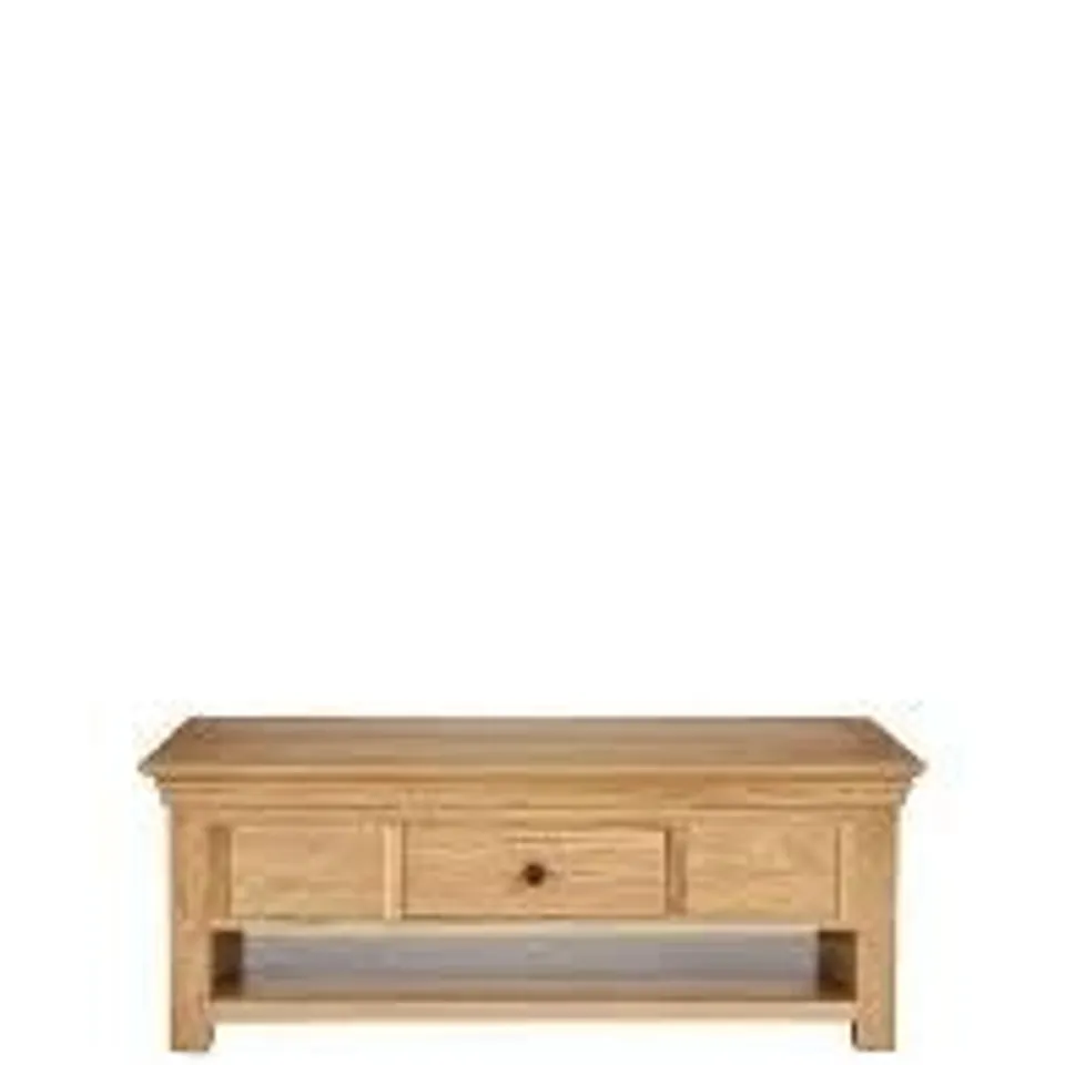 BOXED GRADE 1 CONSTANCE SOLID OAK COFFEE TABLE WITH SHELF & DRAWER (1 BOX) RRP £399.99