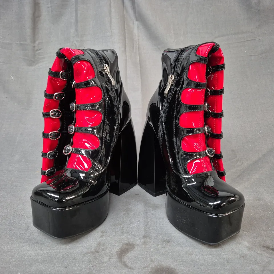 BOXED PAIR OF KOI RITUAL STATE PATENT LONG BOOTS IN BLACK/RED UK SIZE 3