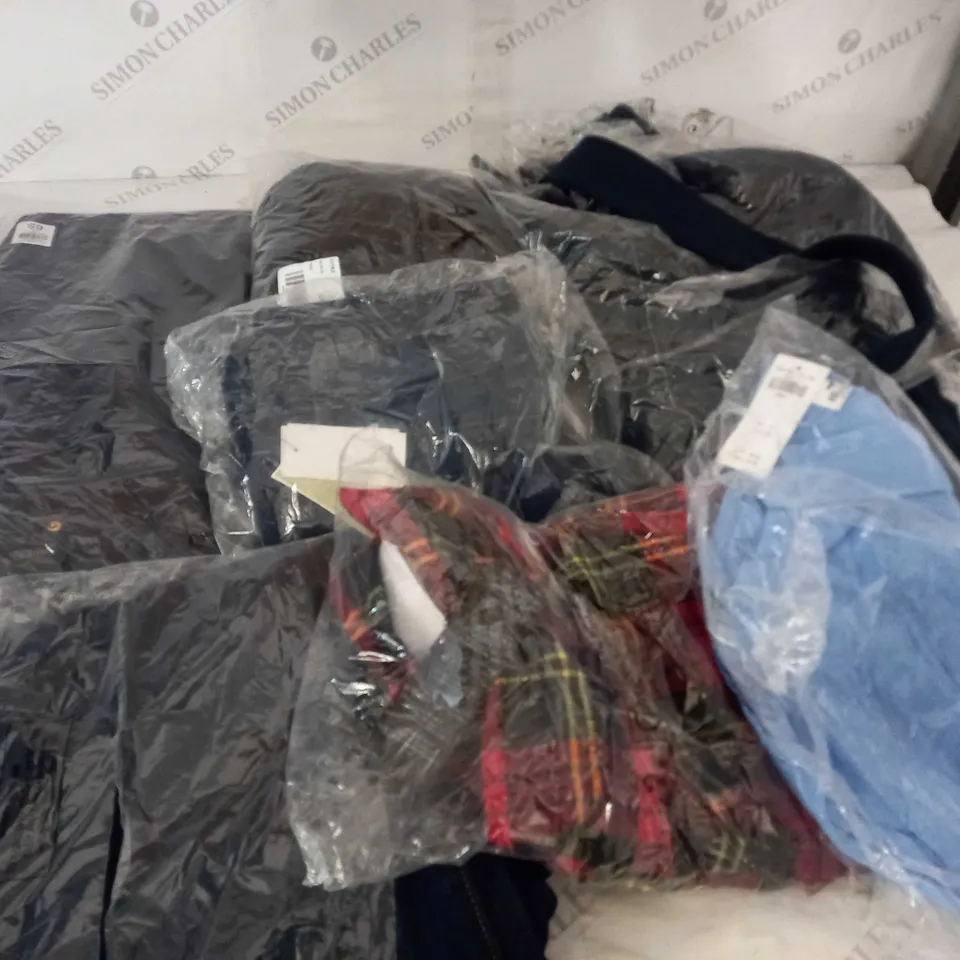 BOX OF ASSORTED CLOTHING ITEMS TOO INCLUDE DRESSES , SHIRTS AND TROUSERS IN VARIOUS SIZES AND COLOURS