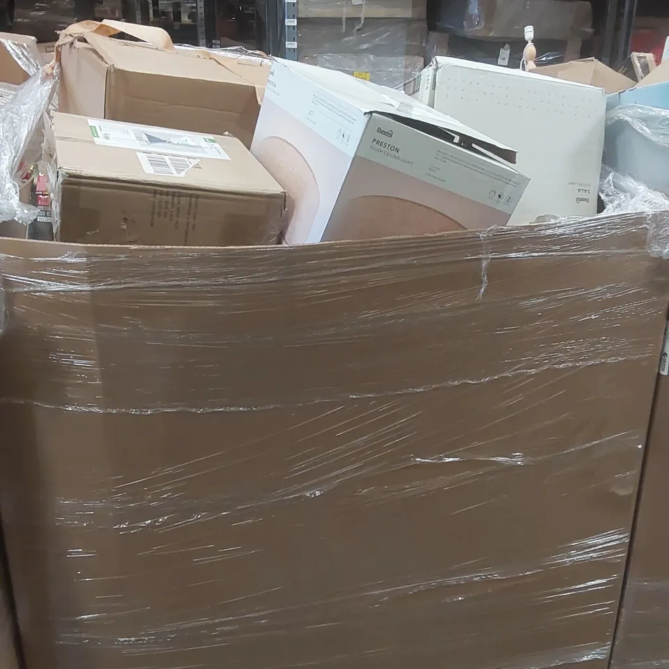 PALLET TO CONTAIN A VERY LARGE QUANTITY OF DESIGNER INDOOR LIGHTING PRODUCTS TO INCLUDE: FLOOR LAMP, OUTDOOR LIGHTS, CEILING LIGHTS, WALL LIGHTS ECT