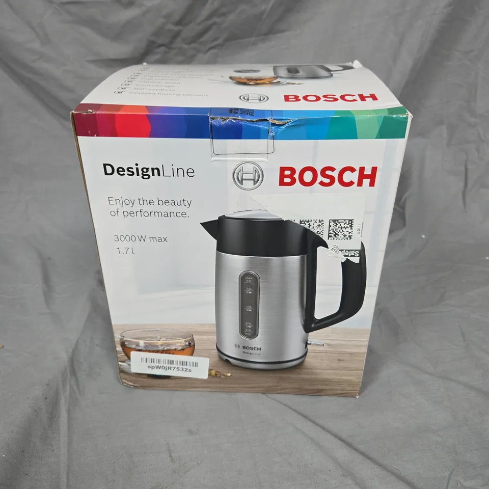 BOSCH DESIGNLINE ELECTRIC KETTLE – 1.7L, STAINLESS STEEL WITH BLACK HANDLE (BOXED)