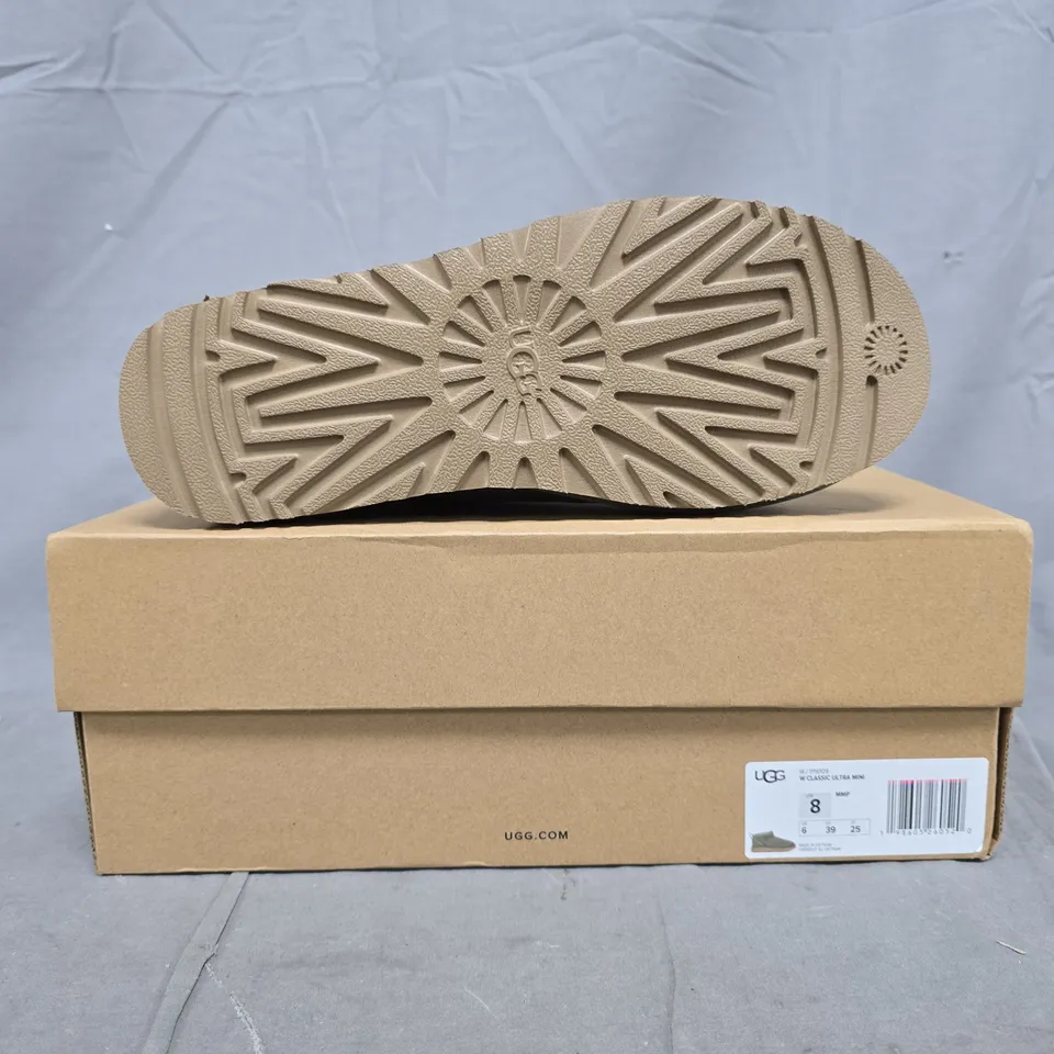BOXED PAIR OF UGG CLASSIC ULTRA MINI SHOES IN GREEN SIZE UK 6