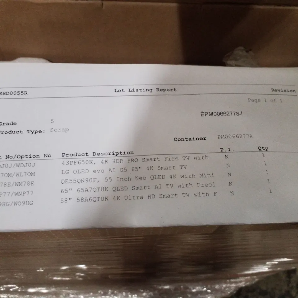 PALLET OF 5 ASSORTED DAMAGED TVS INCLUDING