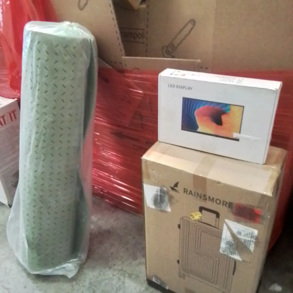 PALLET OF ASSORTED HOUSEHOLD GOODS AND PRODUCTS TO INCLUDE;LED MONITOR,SUITCASE,YOGA MAT 