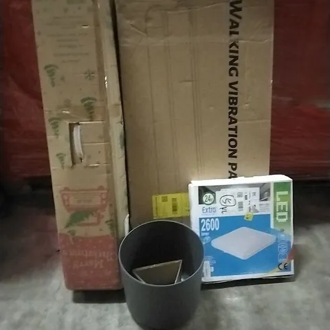 PALLET OF HOUSEHOLD ITEMS TO INCLUDE CHRISTMAS TREES, PLANT POT, LED CEILING LIGHT, WALKING VIBRATION PAD AND OTHER ASSORTED ITEMS...