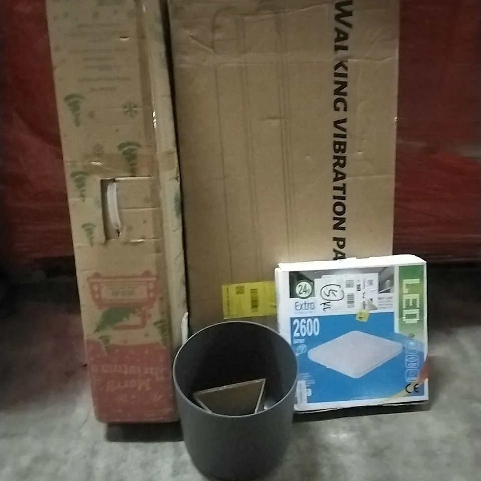 PALLET OF HOUSEHOLD ITEMS TO INCLUDE CHRISTMAS TREES, PLANT POT, LED CEILING LIGHT, WALKING VIBRATION PAD AND OTHER ASSORTED ITEMS...