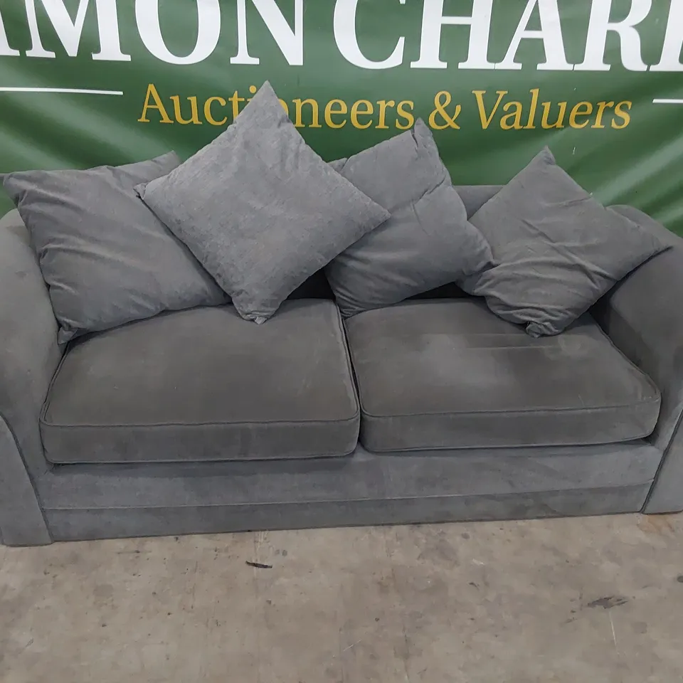 DESIGNER THREE SEATER SOFA WITH SCATTER CUSHIONS GREY FABRIC 