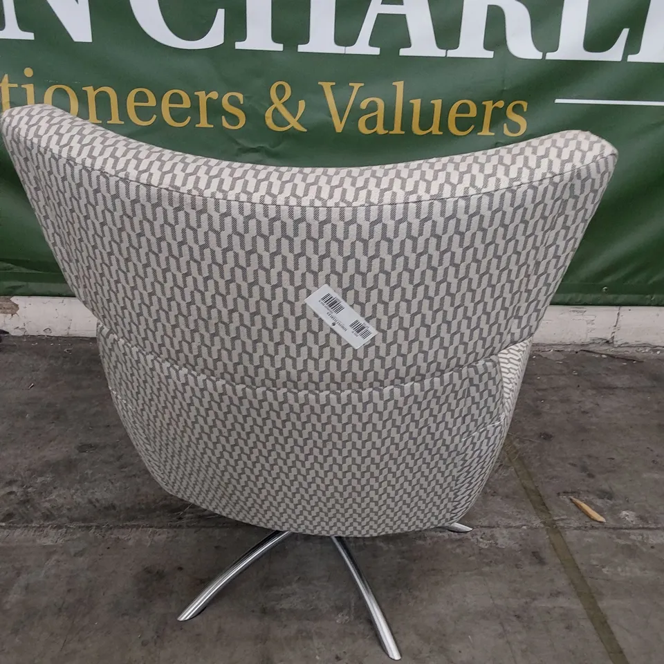 QUALITY BRITISH DESIGNER LOUNGE Co. JACOB UPHOLSTERED SWIVEL CHAIR ON STAR BASE GEOMETRIC GREY/BEIGE FABRIC 