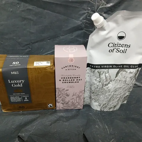 APPROXIMATELY 5 ASSORTED FOOD &DRINK ITEMS TO INCLUDE - TEA BAGS, EXTRA VIRGIN OLIVE OIL AND COOKIES - COLLECTION ONLY 