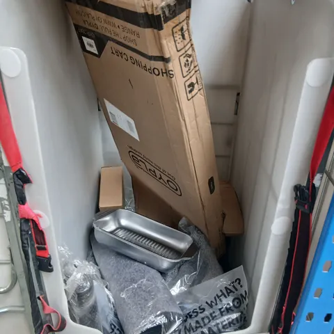 CAGE OF ASSORTED PRODUCTS TO INCLUDE; LED CANDLE HOLDER, STEAM MOP AND METAL TRAYS