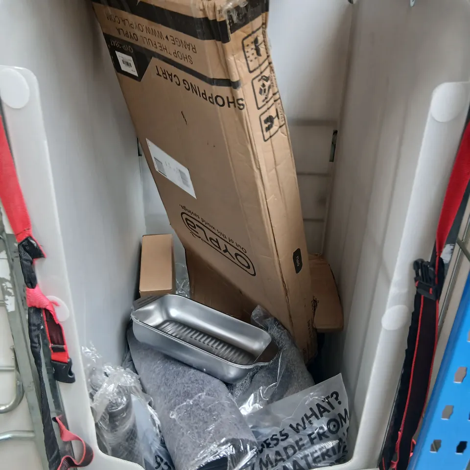 CAGE OF ASSORTED PRODUCTS TO INCLUDE; LED CANDLE HOLDER, STEAM MOP AND METAL TRAYS