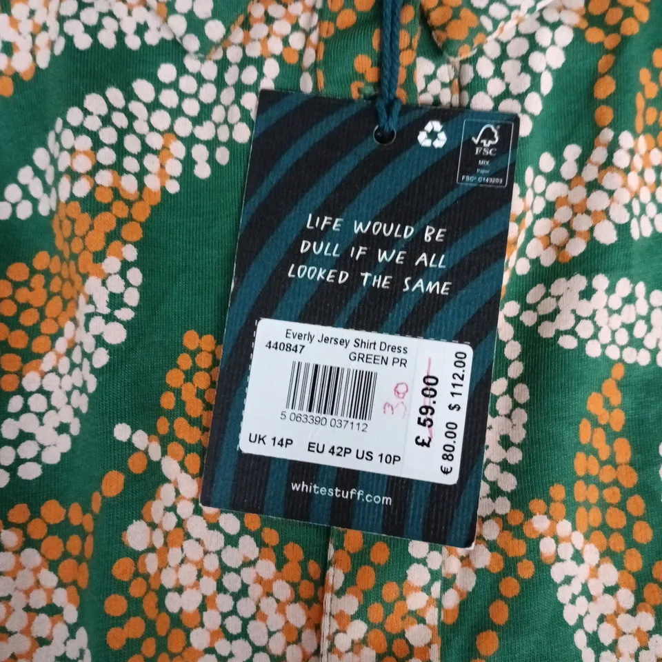 WHITE STUFF EVERLY JERSEY SHIRT DRESS – GREEN PRINT, PETITE UK 14P