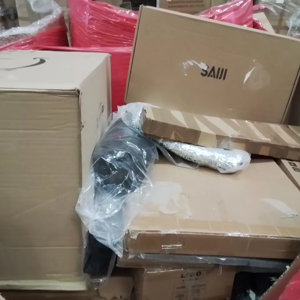 PALLET CONTAINING VARIOUS ASSORTED HOUSEHOLD ITEMS TO INCLUDE: ELECTRIC WEED SWEEPER, PC MONITOR, BABY PLAYPEN AND LOTS MORE UNMARKED BOXED ITEMS 