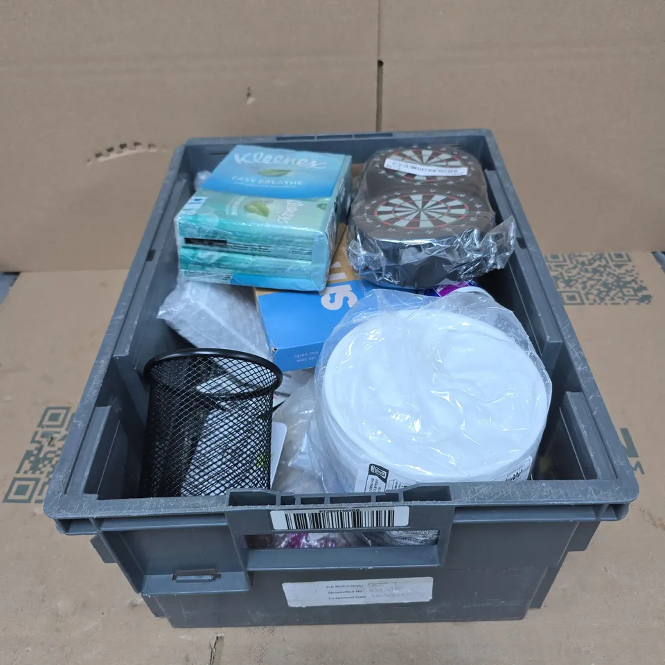 TOTE OF APPROXIMATELY 20 ASSORTED HOUSEHOLD ITEMS TO INCLUDE PEN POT, KLEENEX, SMOL, JCB MOLY GREASE, WATERPROOF SEALANT, TILEMASTER SILICONE ETC