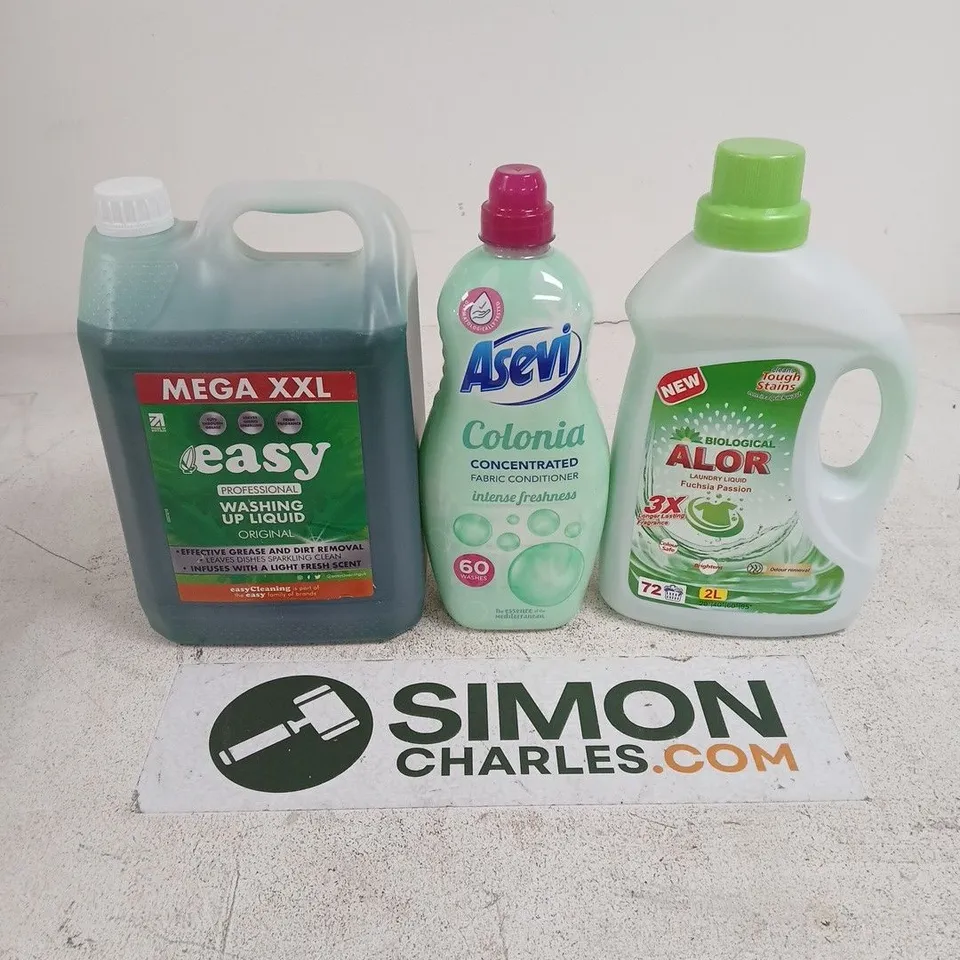 APPROXIMATELY 5 ASSORTED LARGE LIQUIDS TO INCLUDE WASHING UP LIQUID, ASEVI COLONIA FABRIC CONDITIONER, BIOLOGICAL ALOR LAUNDRY LIQUID - COLLECTION ONLY