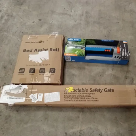 PALLET OF ASSORTED HOUSEHOLD GOODS AND PRODUCTS TO INCLUDE; BED ASSIST RAIL, RETRACTABLE SAFETY GATES, GARDEN SPRINKLER ETC