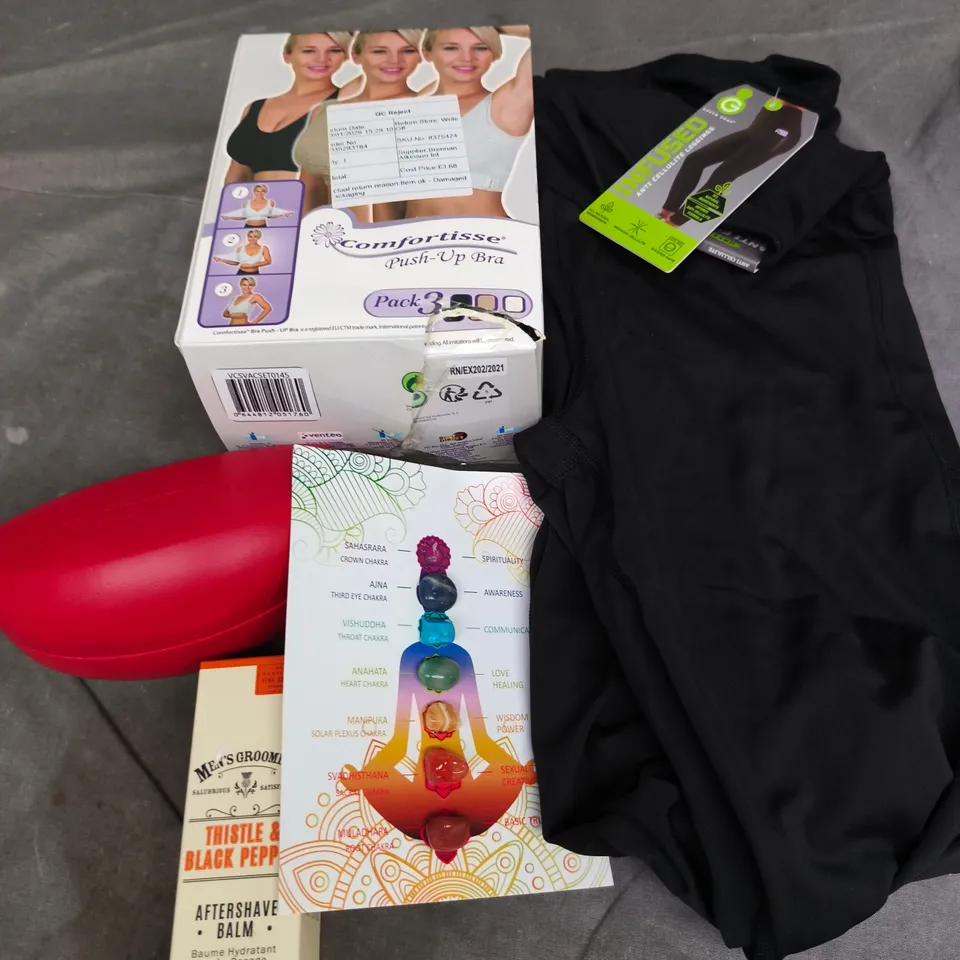 APPROXIMATELY 20 ASSORTED HOUSEHOLD PRODUCTS TO INCLUDE AFTERSHAVE BALM, LEGGINGS, PUSH UP BRA ETC 