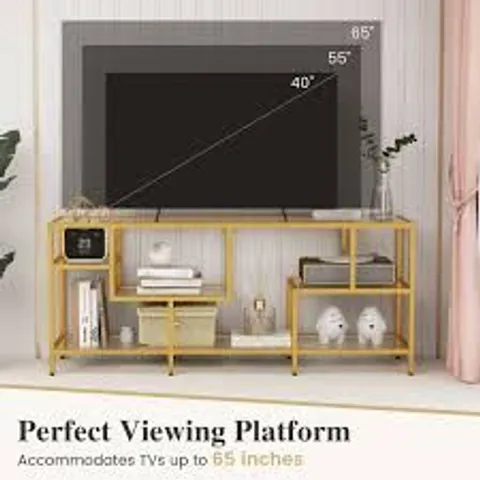 BOXED 147CM TV CONSOLE TABLE WITH TEMPERED GLASS SHELVES-GOLDEN