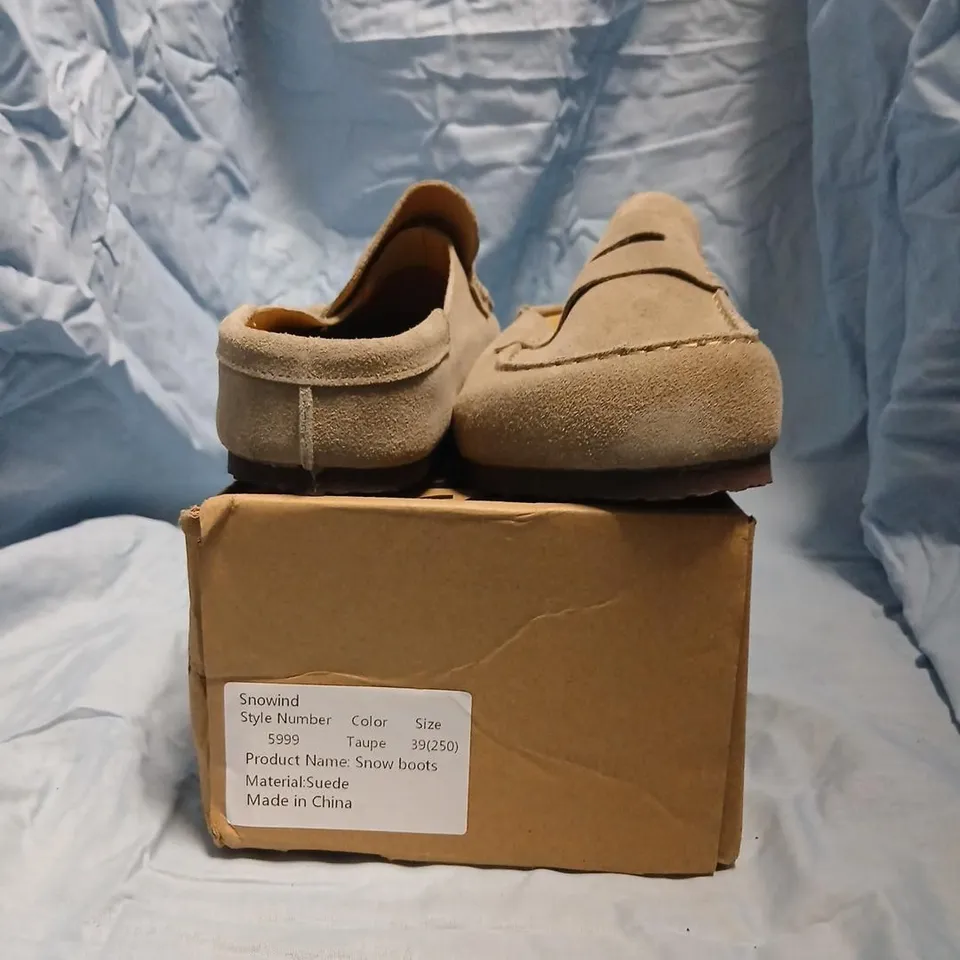 SNOWWIND TAUPE SUEDE SLIP-ON LOAFERS – UK 6 (EU 39) – BOXED