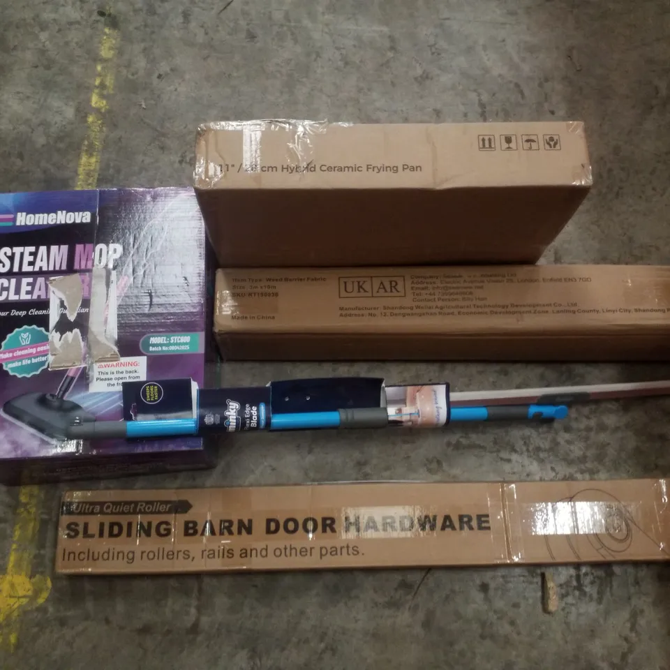 PALLET CONTAINING ASSORTED PRODUCTS INCLUDING SLIDING BARN DOOR HARDWARE, STEAM MOP CLEANER, WEED BARRIER FABRIC HYBRID CERAMIC FRYING PAN & FLEXI BLADE FLOOR SWEEPER