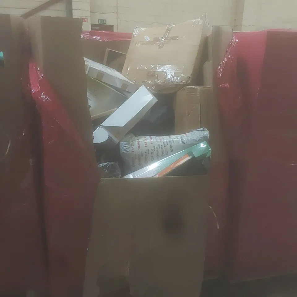 PALLET OF ASSORTED HOUSEHOLD GOODS AND PRODUCTS TO INCLUDE; COMPUTER MONITORS, MOUSE AND KEYBOARD SETS, TOY DARTS, BOXED FURNITURE, RETRACTABLE BABY GATES ETC