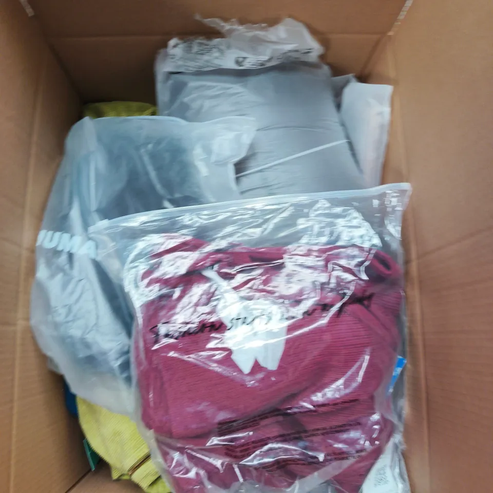 LARGE BOX OF APPROXIMATELY 25 ASSORTED CLOTHING ITEMS IN VARIOUS COLOURS, STYLES AND SIZES - COLLECTION ONLY