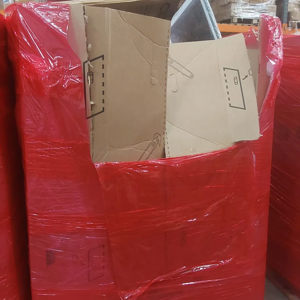 PALLET CONTAINING A VERY LARGE QUANTITY OF ASSORTED ITEMS INCLUDING: SAFETY GATE, WINDOW SCREENS, LARGE PLANTS, DIGITAL TORPEDO LEVEL ECT