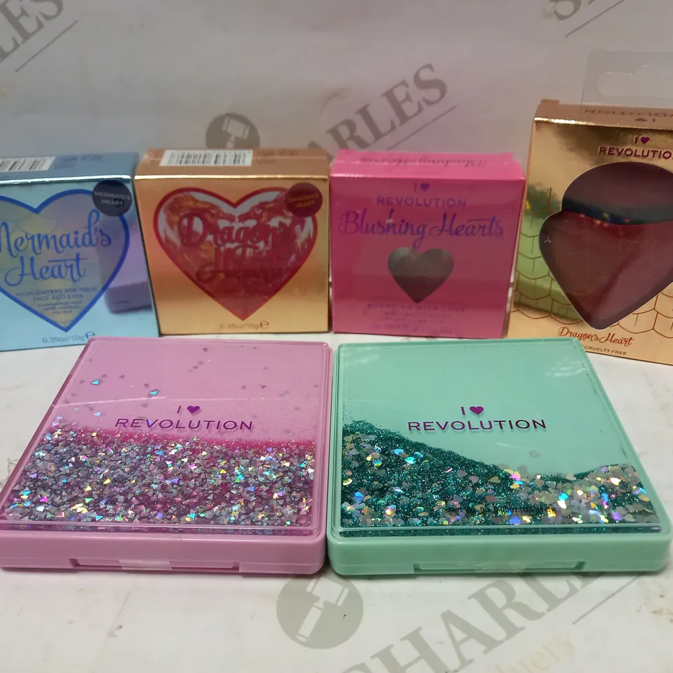 LOT OF 6 ASSORTED REVOLUTION PRODUCTS TO INCLUDE MERMAID'S HEART HIGHLIGHTER, TRIPLE BAKED BLUSH, STARRY EYED PIGMENT PALETTE, ETC 