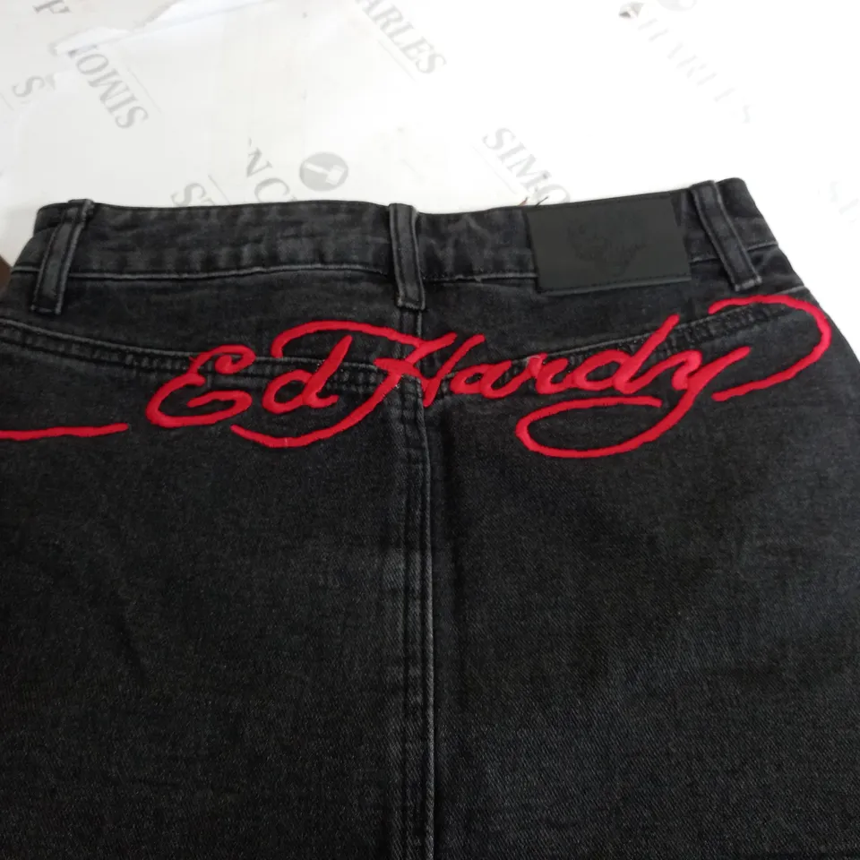 ED HARDY MICRDENIM MINI SKIRT WITH RED LOGO - S