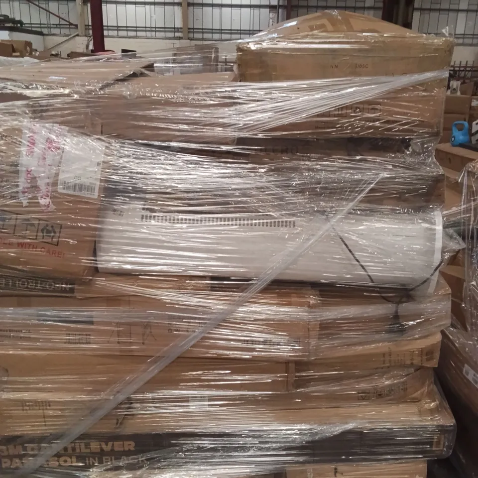 PALLET OF ASSORTED FURNITURE ITEMS INCLUDING LOUNGE CHAIR, GARDEN SET, OUTDOOR TENT, TROLLEY