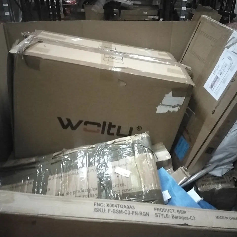 PALLET OF HOUSEHOLD ITEMS TO INCLUDE LED SHAPED DESK,BRUCE HEATER, INFRARED HEATING PANEL AND OTHER ASSORTED ITEMS...