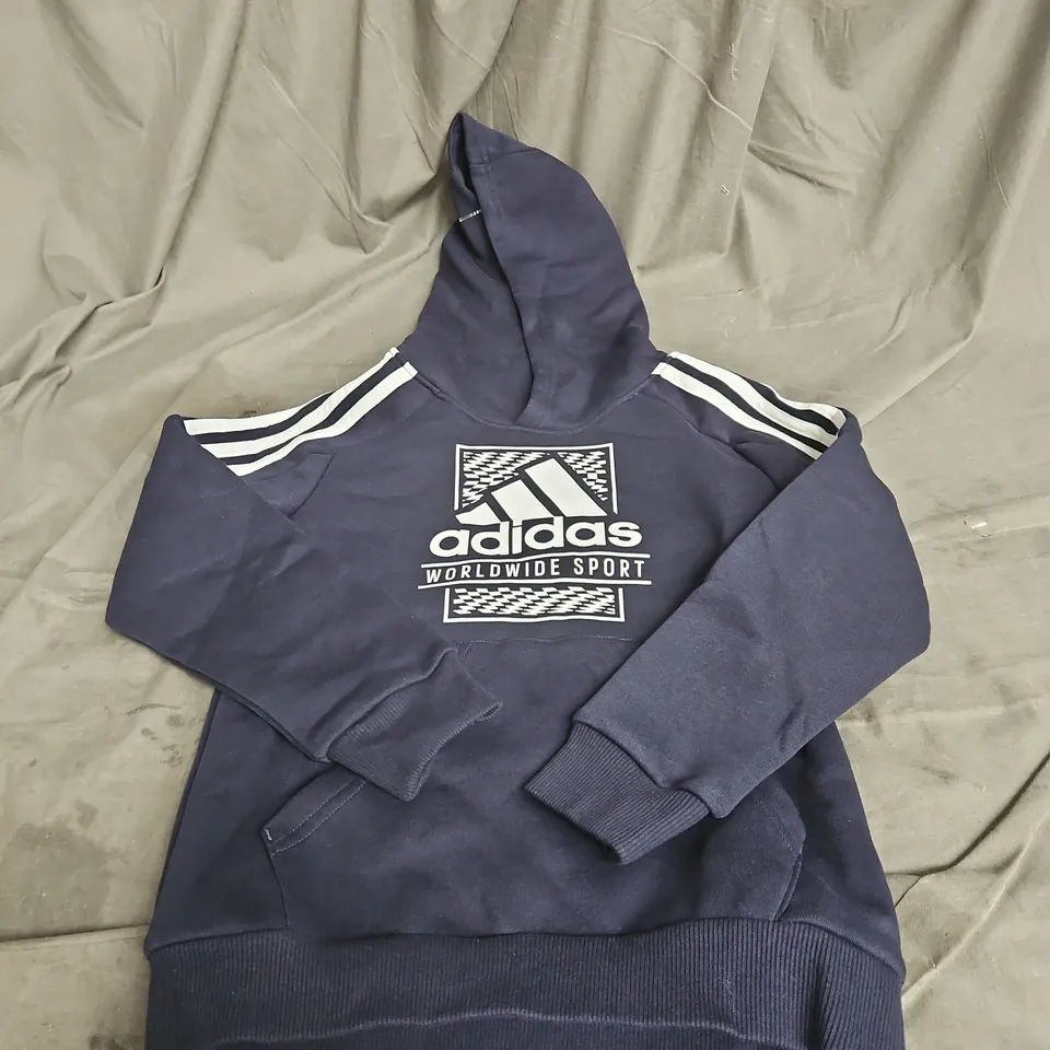 ADIDAS LOGO HOODIE IN NAVY/WHITE SIZE 7-8YRS