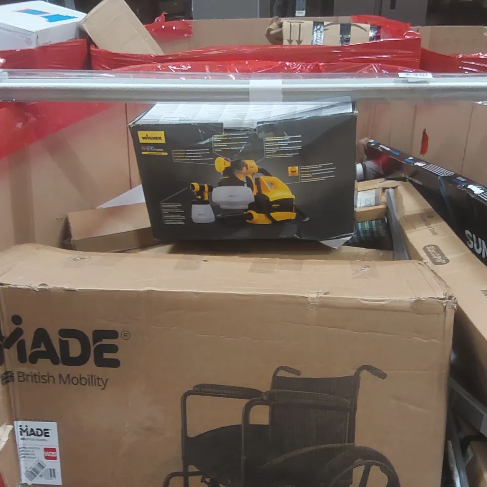 PALLET CONTAINING A VERY LARGE QUANTITY OF ASSORTED ITEMS INCLUDING: WHEELCHAIR, WARNER UNIVERSAL SPRAYER, BLINDS ECT